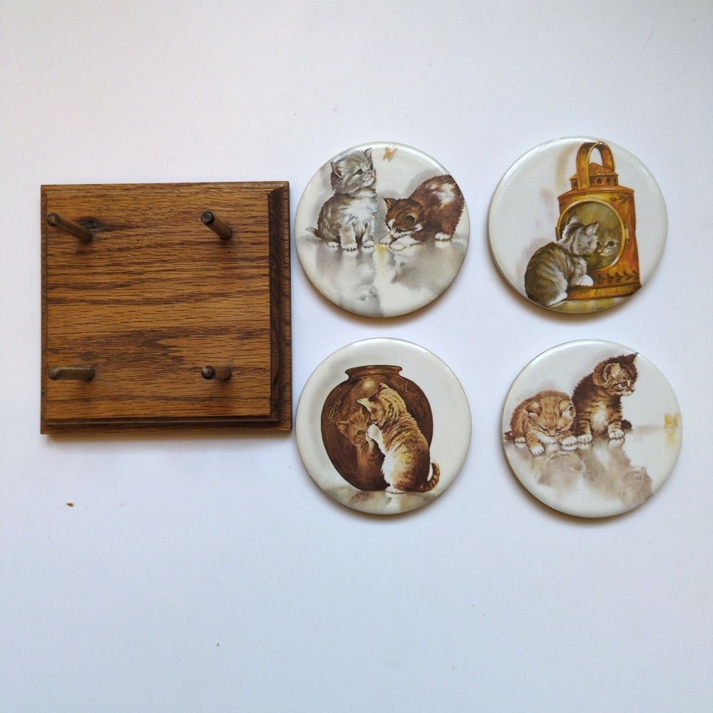 Vintage Kitty Cat Drink Coasters‎ - Set of 4 with Oak Wood Holder - USA Made
